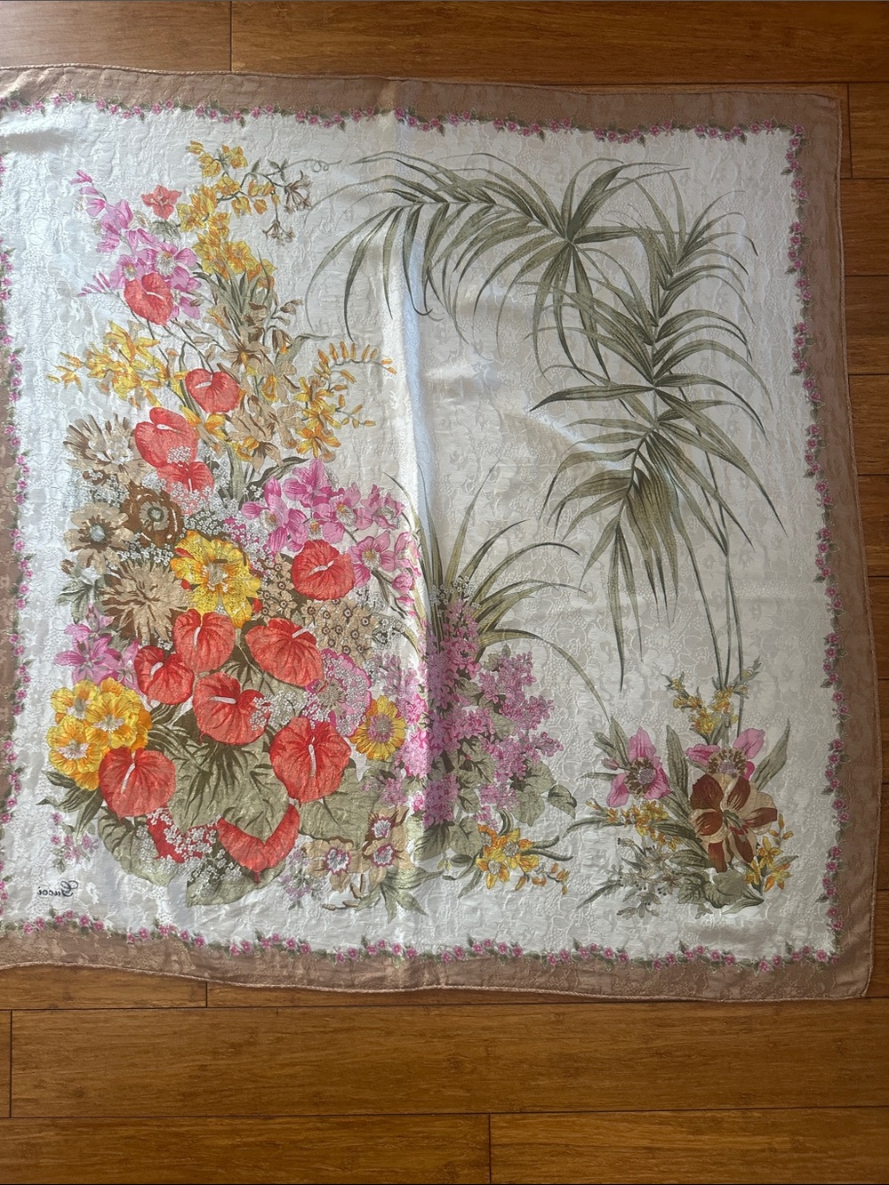 Gucci Floral Botanical Silk Scarf in Cream, Red, Pink, Yellow, Green